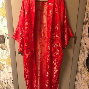 Red and Gold Chinese silky KIMONO BATHROBE With Belt & 3/4 Sleeves